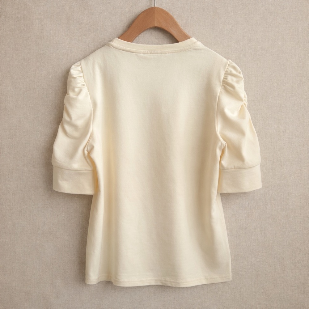 WALTER BAKER cotton puff sleeve top cream butter yellow ruched knit tee - Picture 3 of 6